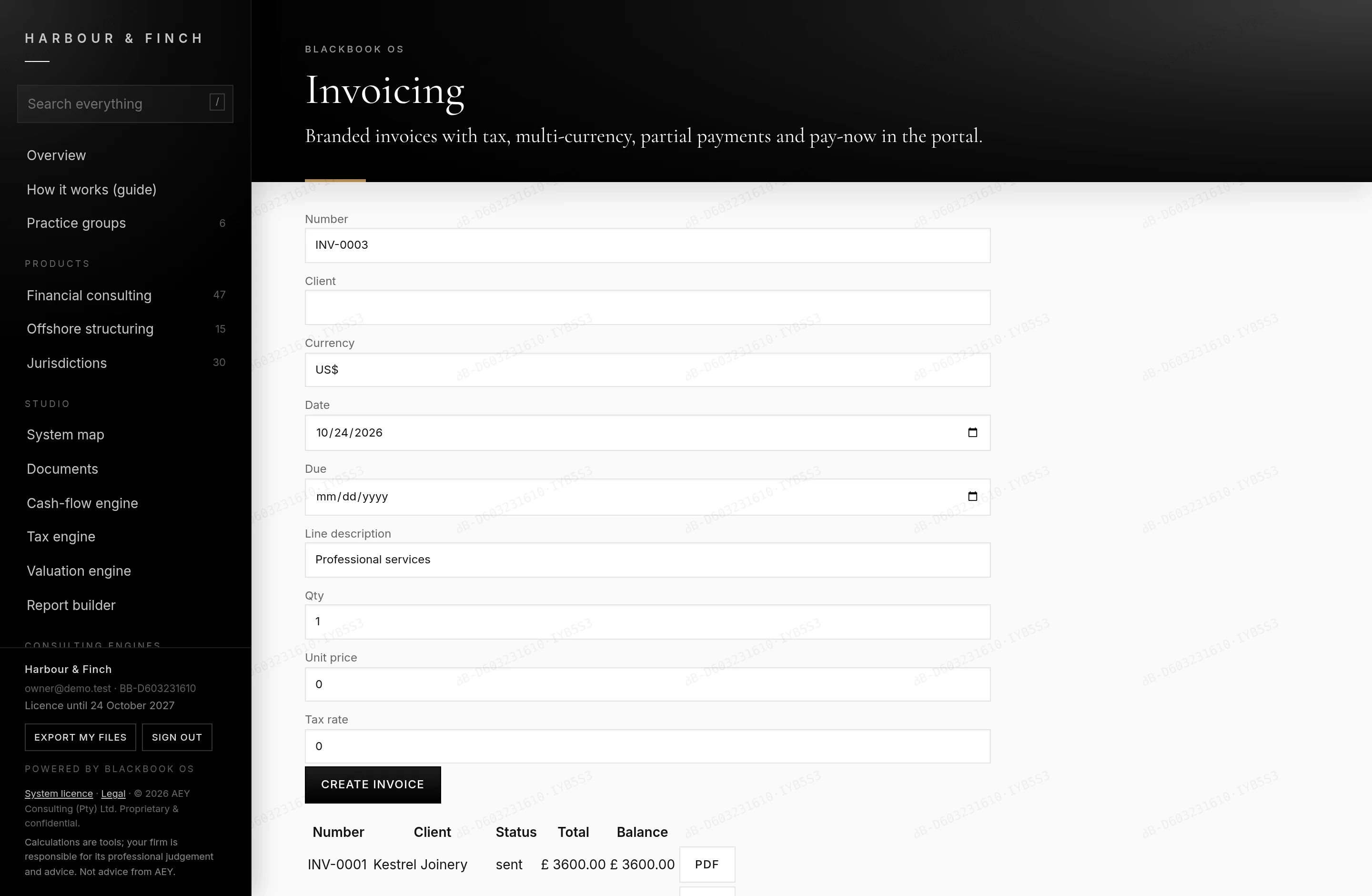 BlackBook OS invoicing